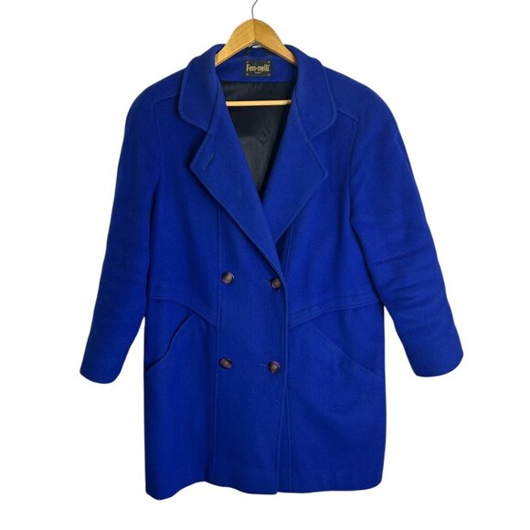 Vintage Jackets & Blazers - Vtg Royal Blue Coat Pure Virgin Wool 80s Size L Paris Double Breasted Mid Length